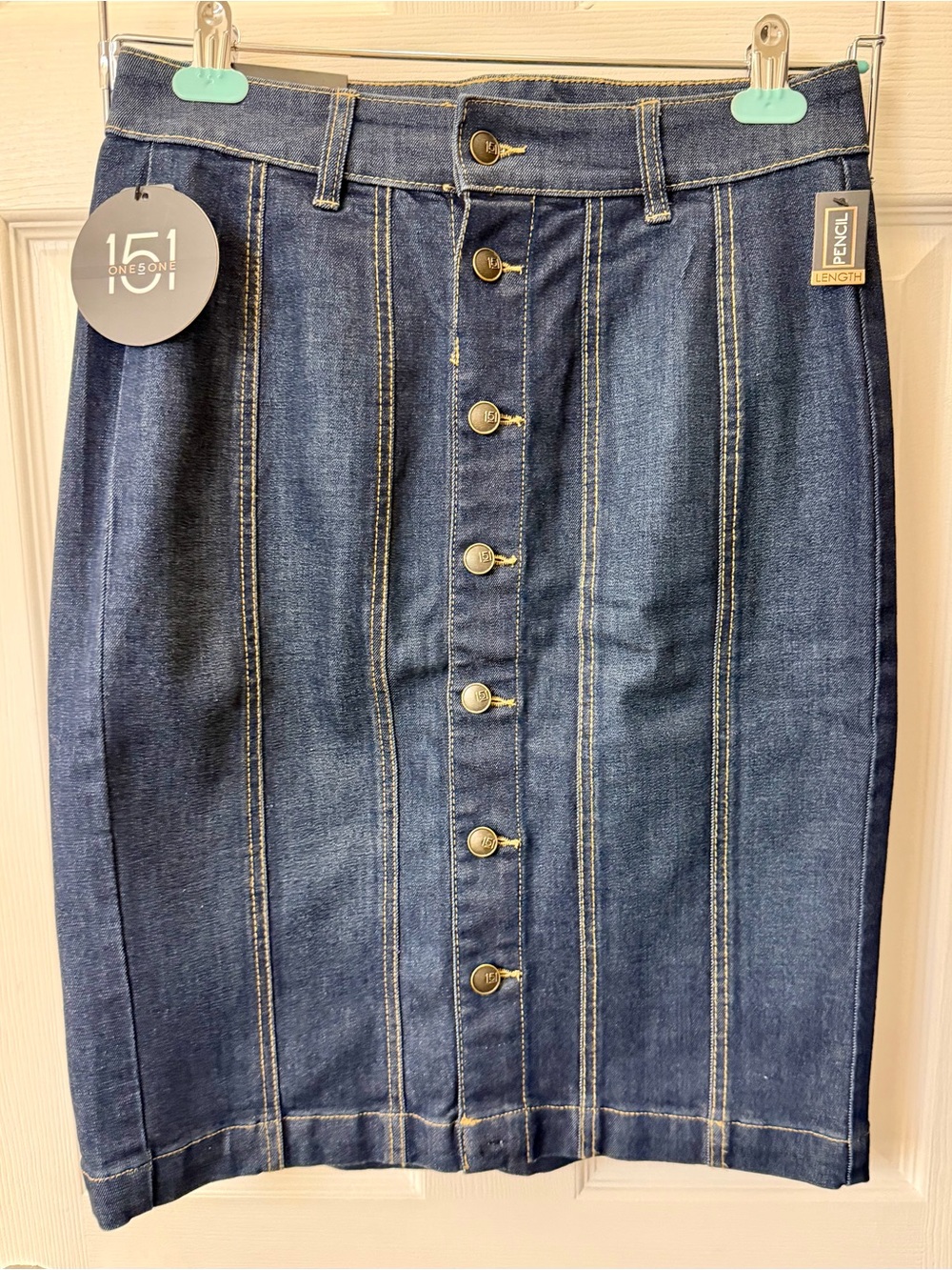 one 5 one Dark Blue Denim Pencil Skirt with Front Buttons